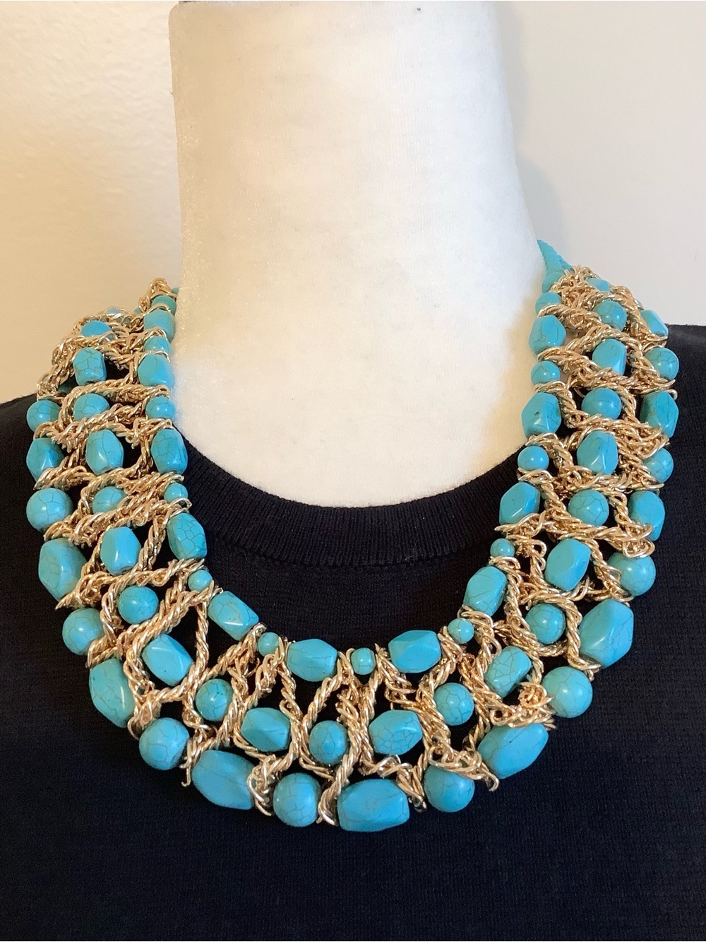 NEW Ettavee Reconstituted Turquoise Beaded Multi-Strand Necklace Gold tone Chain